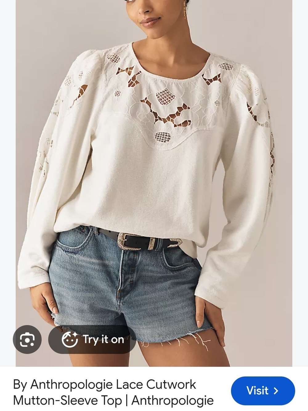 Anthropologie Ivory Lace Cutwork Mutton-Sleeve Top. 100% Cotton